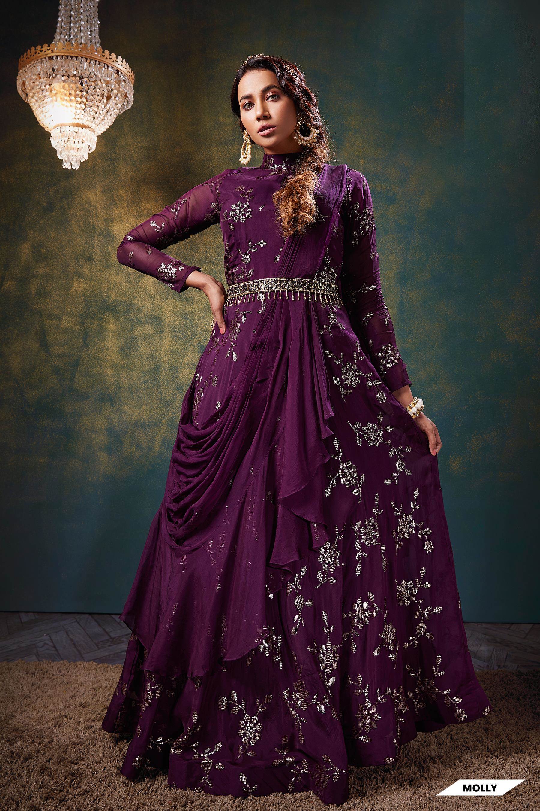 Maroon color satin banglory heavy embroidery work semi stitch gown -  StyleArray.com -Style Array