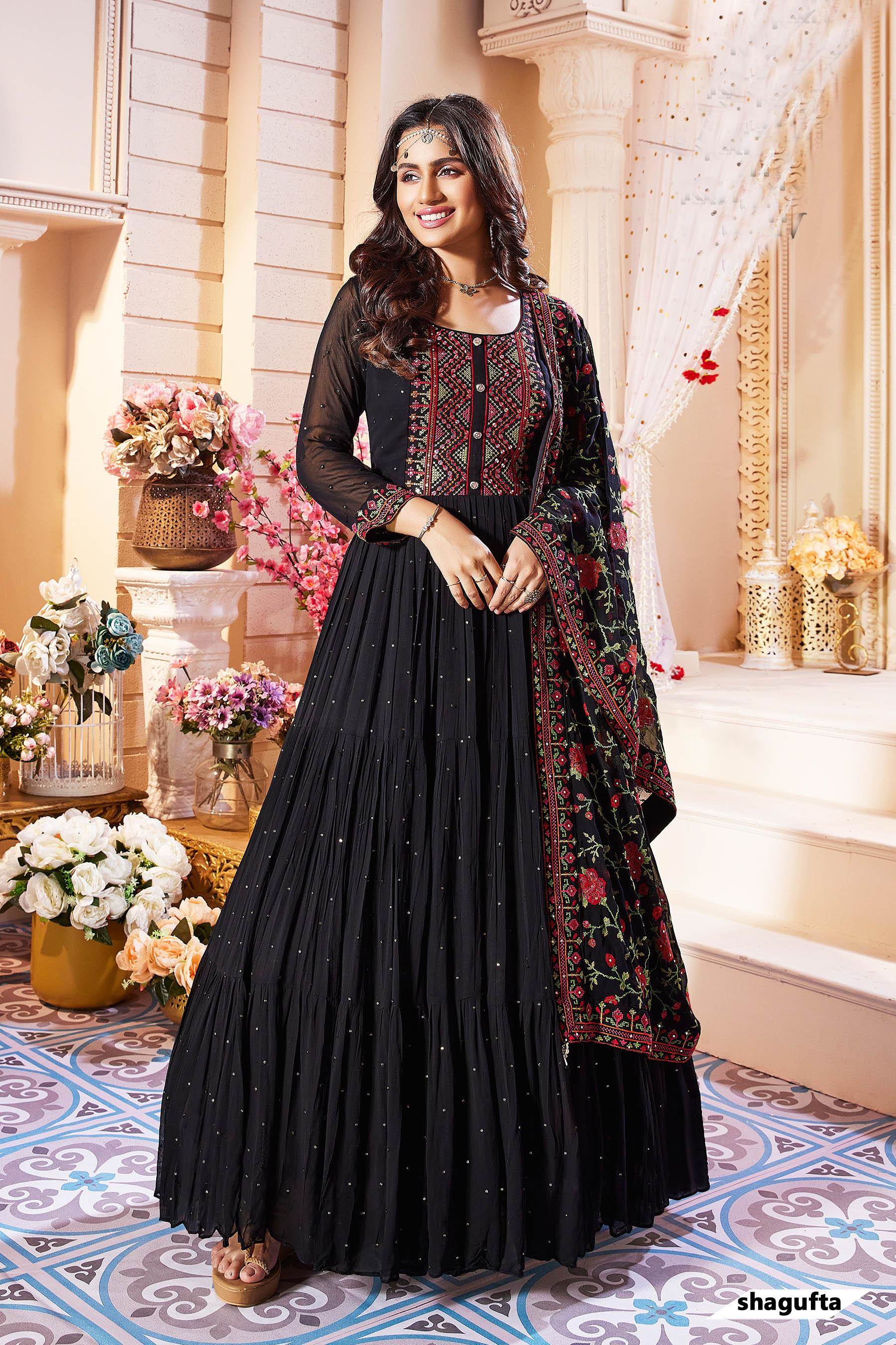 Pure Georgette Black Colour all over pearl work long dress gown