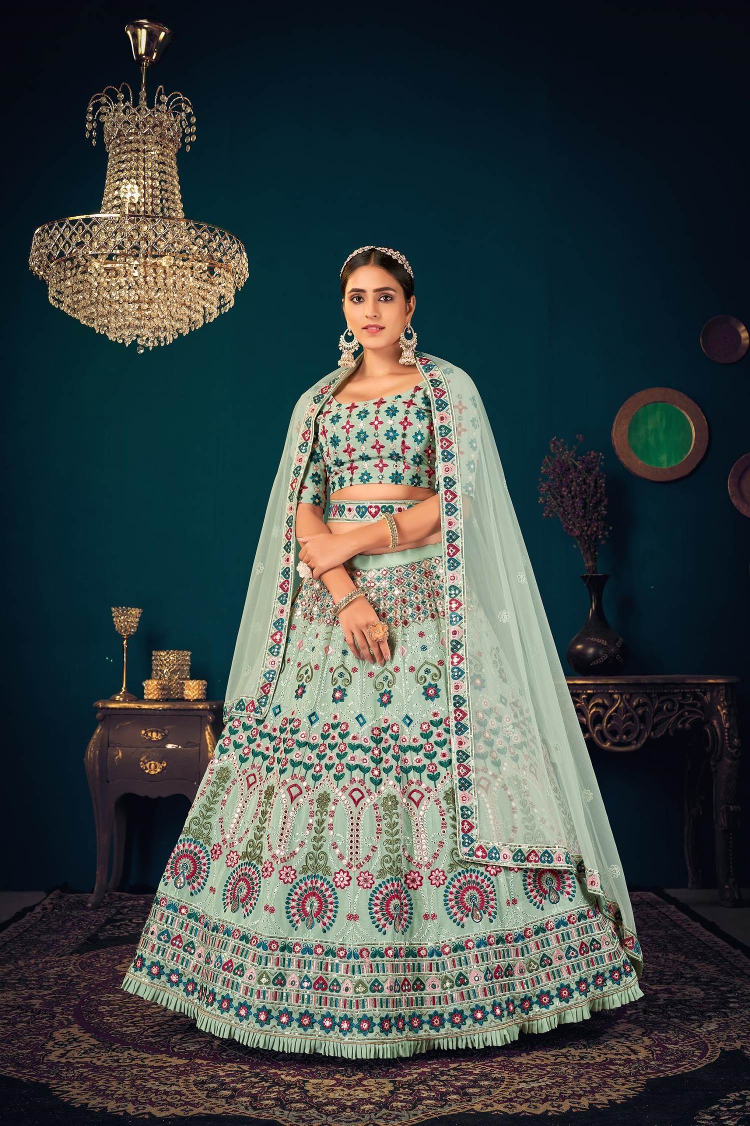 Sea Green Color Wedding Collection Lehenga Choli With Belt ANOKHI