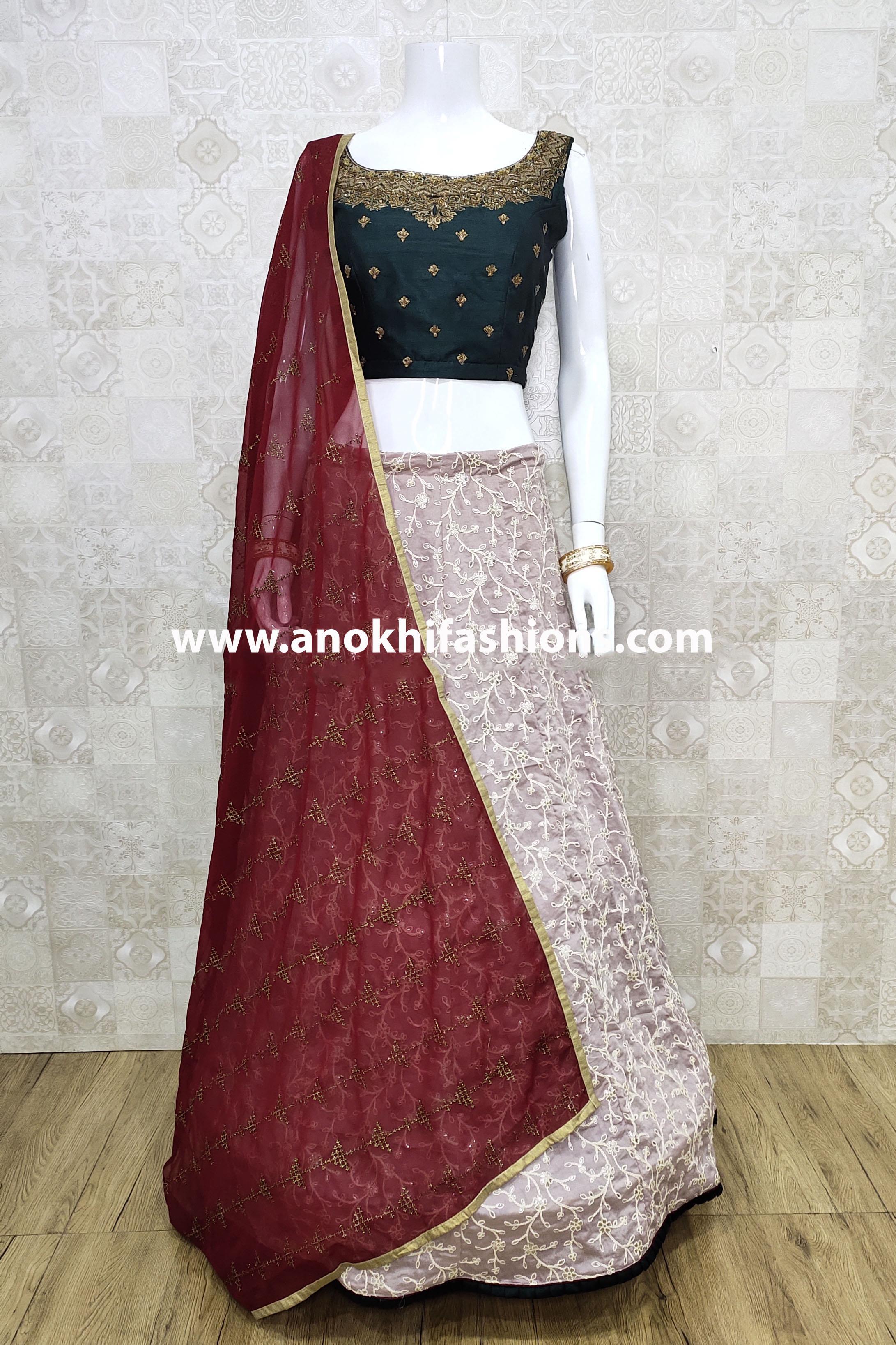 Maroon Embroidered Silk Semi Stitched Wedding Bridal Heavy Lehenga Choli  With Dupatta - Tulsi Art - 3193996