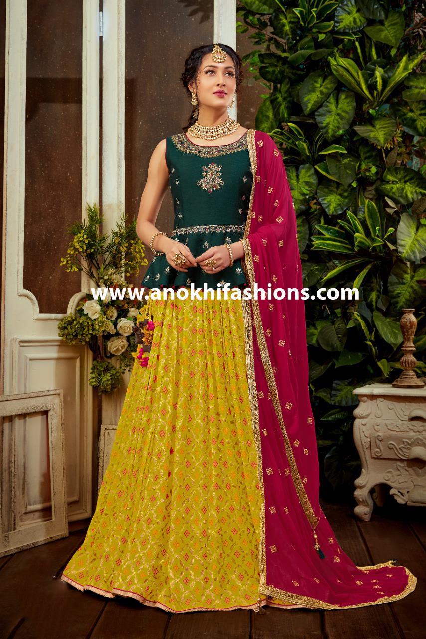 Designer Yellow and Parrot Green Shaded Silk Lehenga Choli