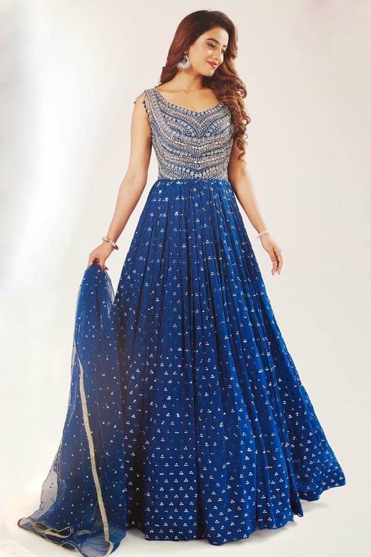 Navy Blue Sequins and Beads work Bridal and Partywear Gown – Seasons Chennai