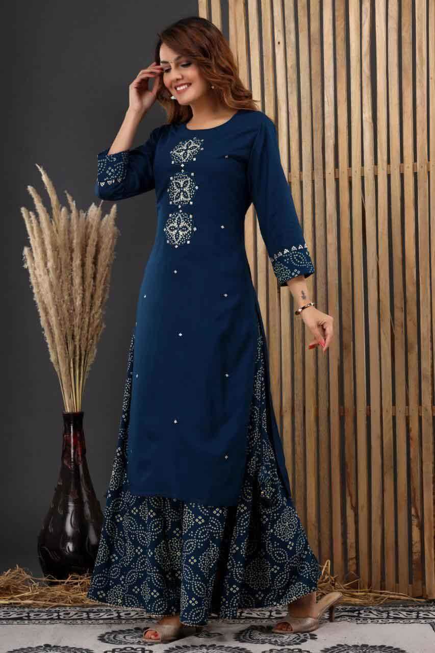 Blue/White Printed Straight Kurti With Checked Plazo. – Label Growease
