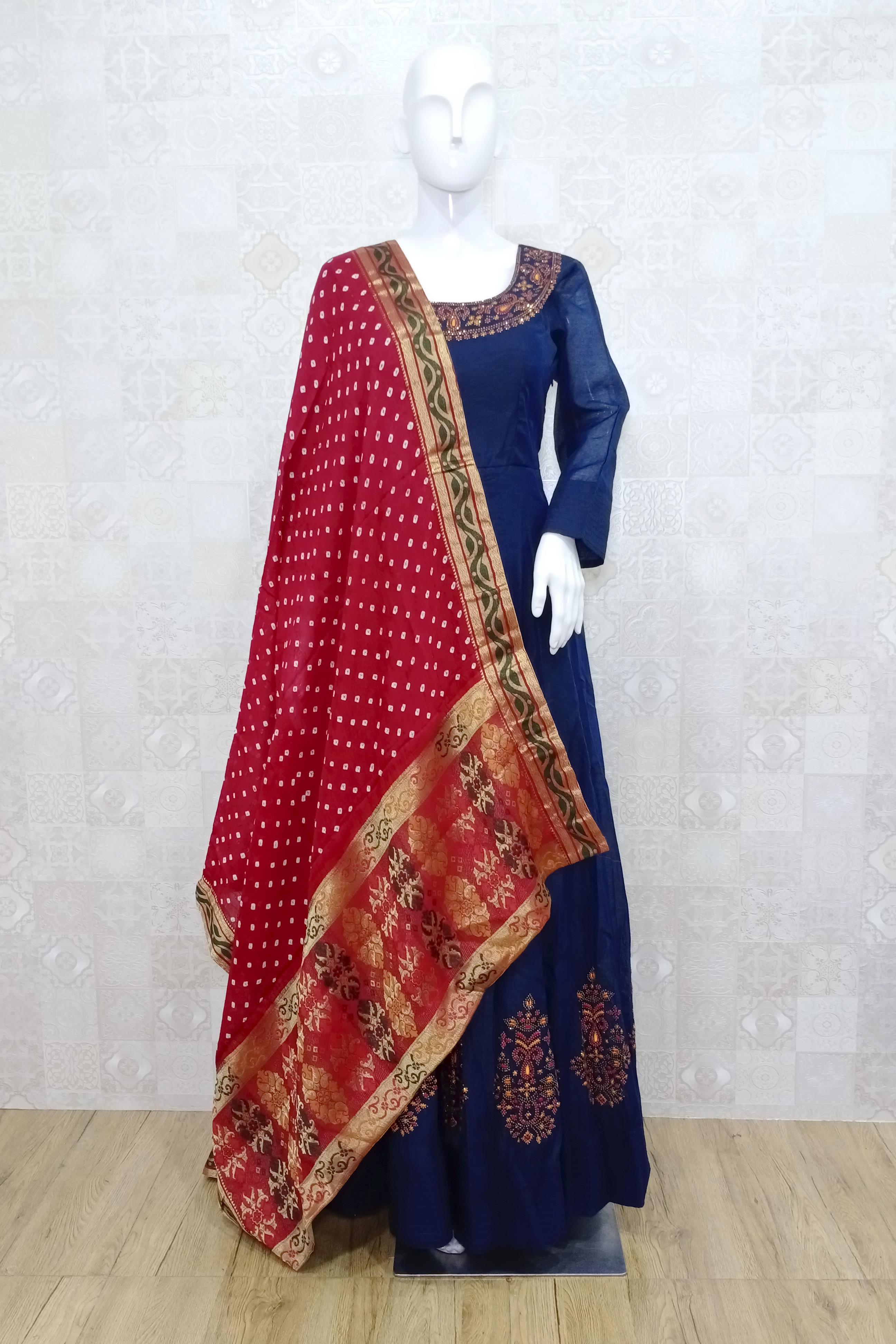 Navy Blue Color Gown with Red Dupatta ...