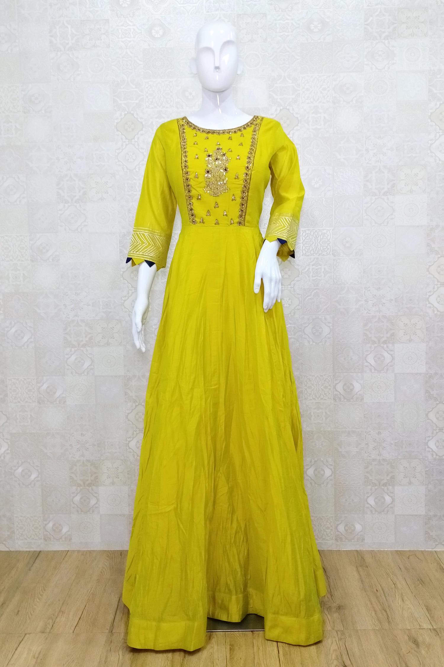 Lemon Yellow Party Wear Heavy Gown With Dupatta In Embroidery Work