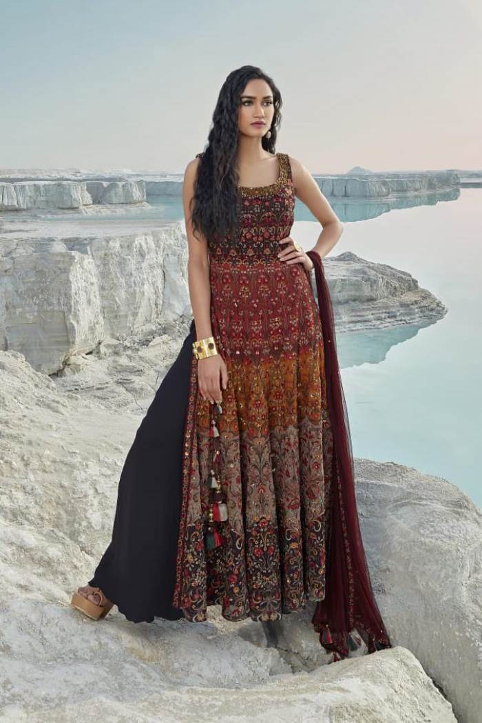 Wine Color Party Wear Designer Indo-Western Plazo Suit