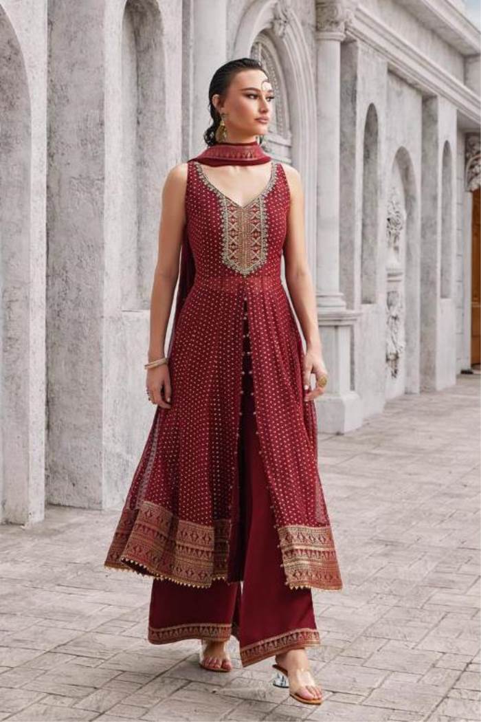Maroon Color Party Wear Designer Indo-Western Plazo Suit