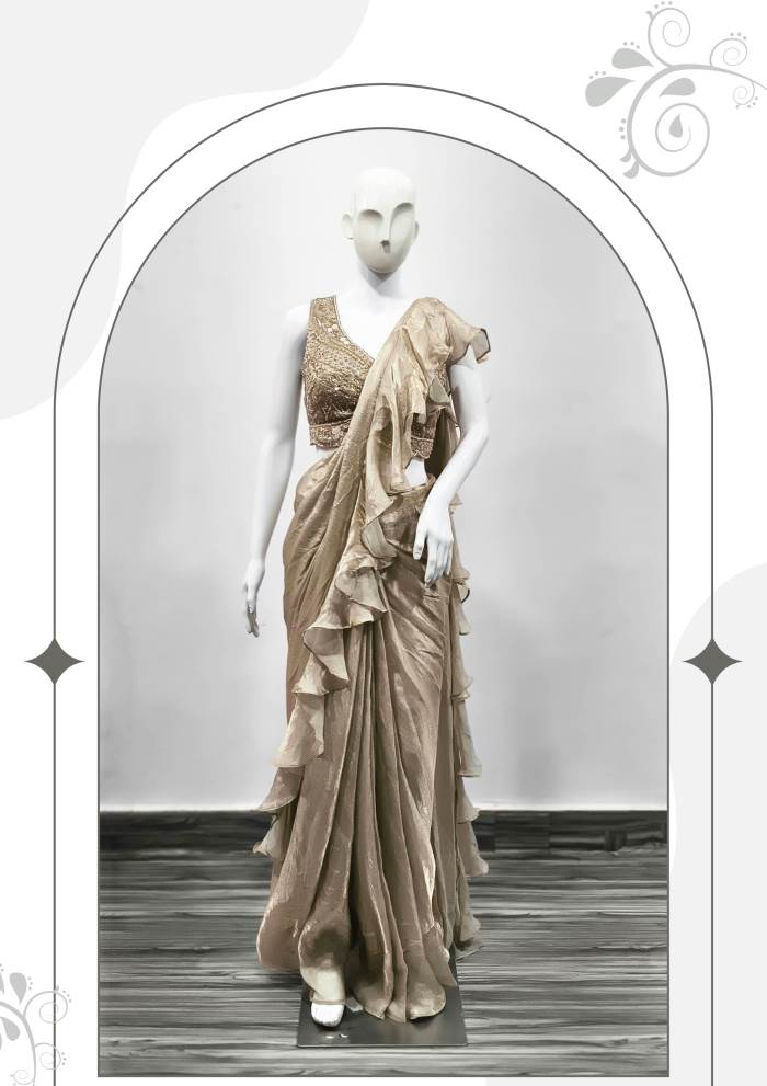 Gold Color Party Wear Designer Ready To Wear Saree Choli