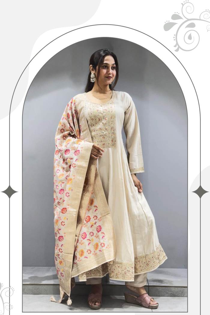 Cream Color Party Wear Designer Anarkali Style Dress