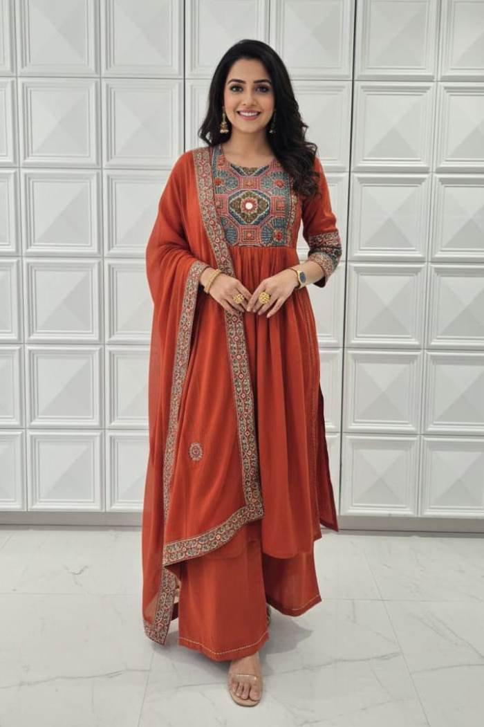 Rust Color Casual Wear Anarkali Style Kurti Plazo with Dupatta
