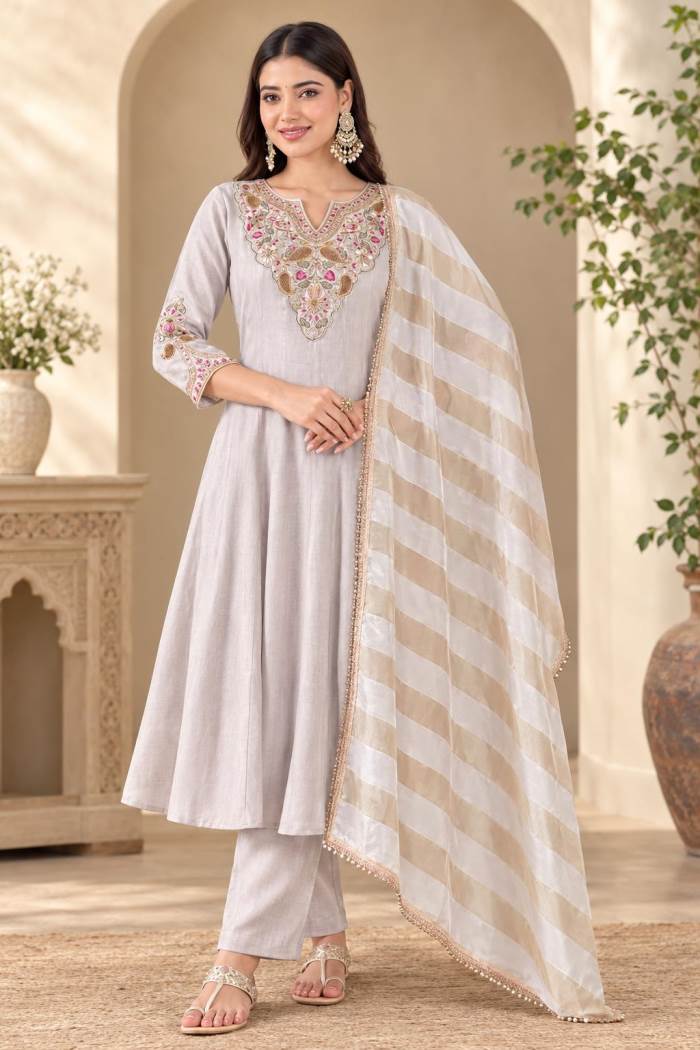 Beige Colour Anarkali Style Kurti Set With Dupatta