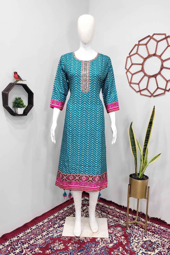 Firozi Color Casual Wear Designer Straight Kurti