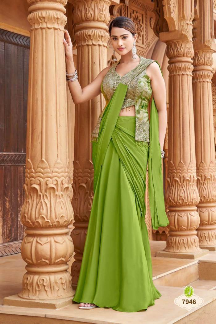 Parrot Color Party Wear Designer Ready To Wear Saree Choli
