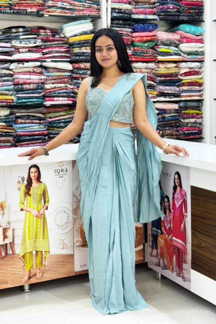 Sky Color Party Wear Designer Ready To Wear Saree Choli
