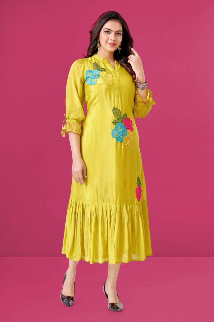 Parrot Color Casual Collection Silk Gown Kurti
