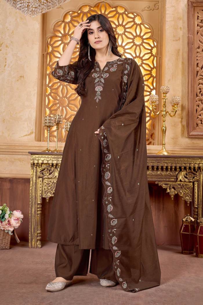 Brown Color Casual Wear Designer Kurti with Plazo Dupatta