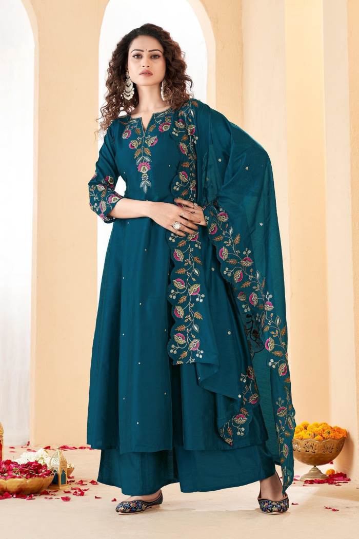 Peacock Color Casual Wear Designer Kurti with Plazo Dupatta