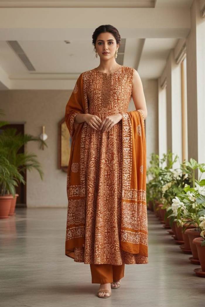 Rust Color Designer Printed Anarkali Style Kurti Set