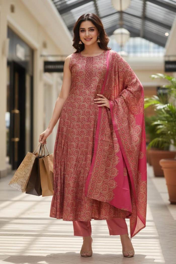 Rani Color Designer Printed Anarkali Style Kurti Set