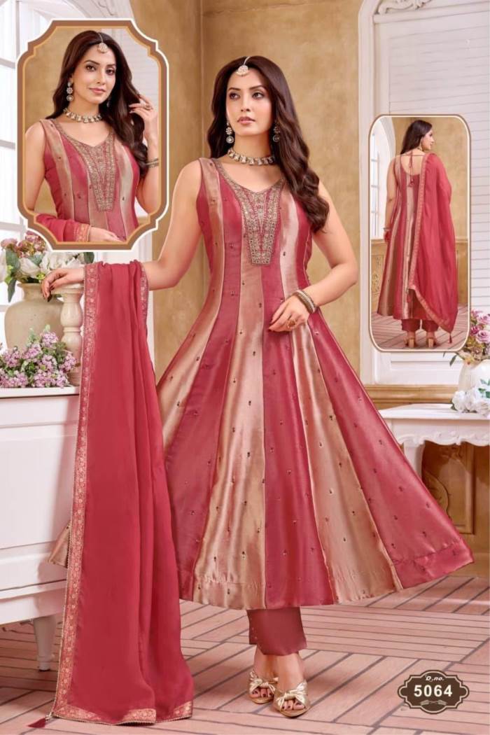 Onion Colour Designer Party Wear Anarkali Style Pent Suit