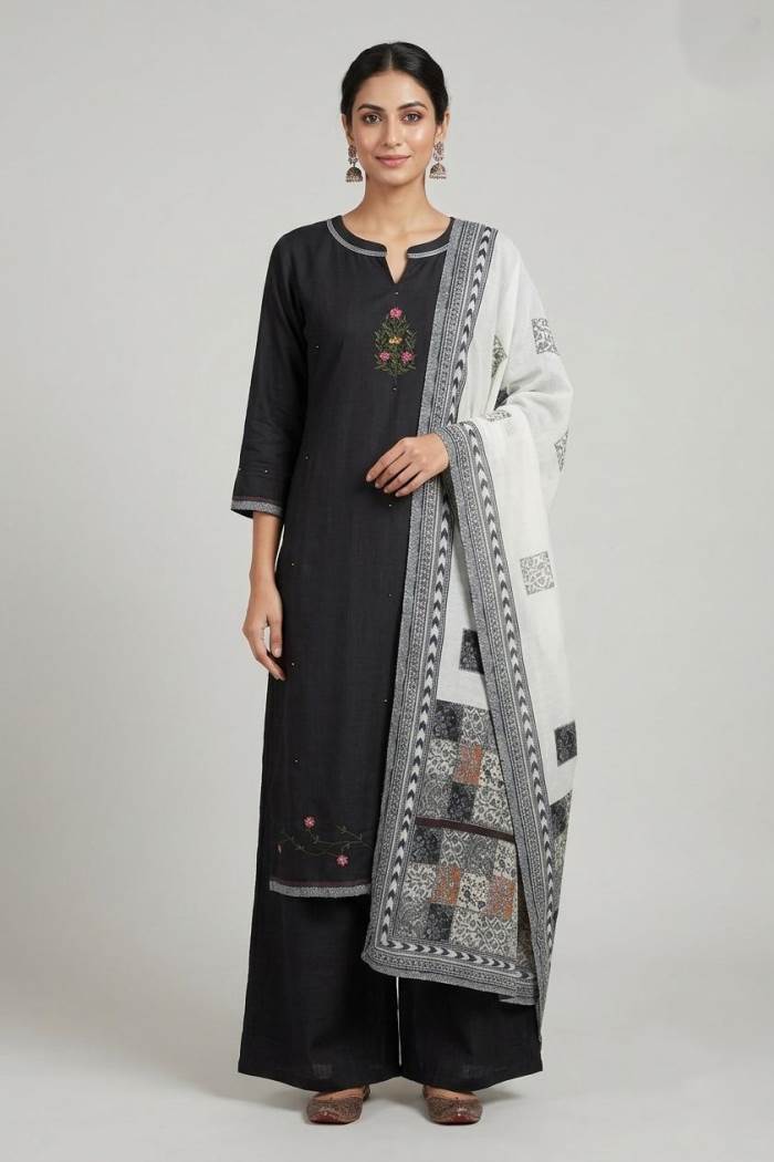 Black Colour Casual Collection Kurti Set With Dupatta