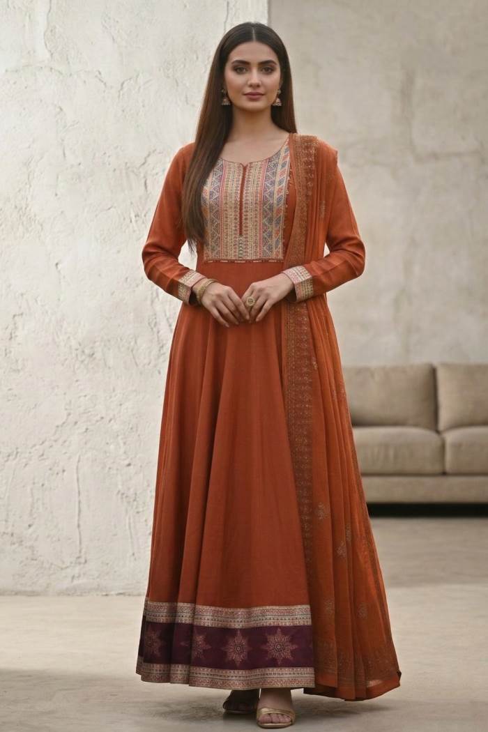 Rust Colour Anarkali Style Kurti Set With Dupatta