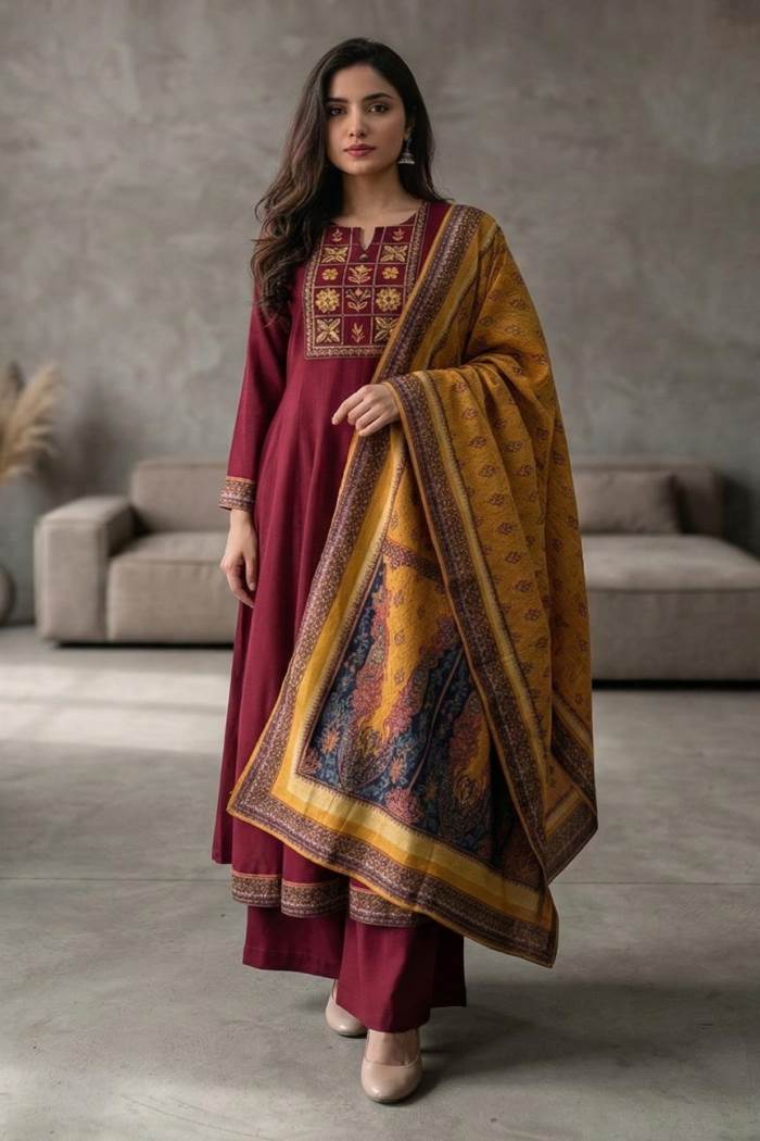 Maroon Colour Anarkali Style Kurti Set With Designer Printed Dupatta