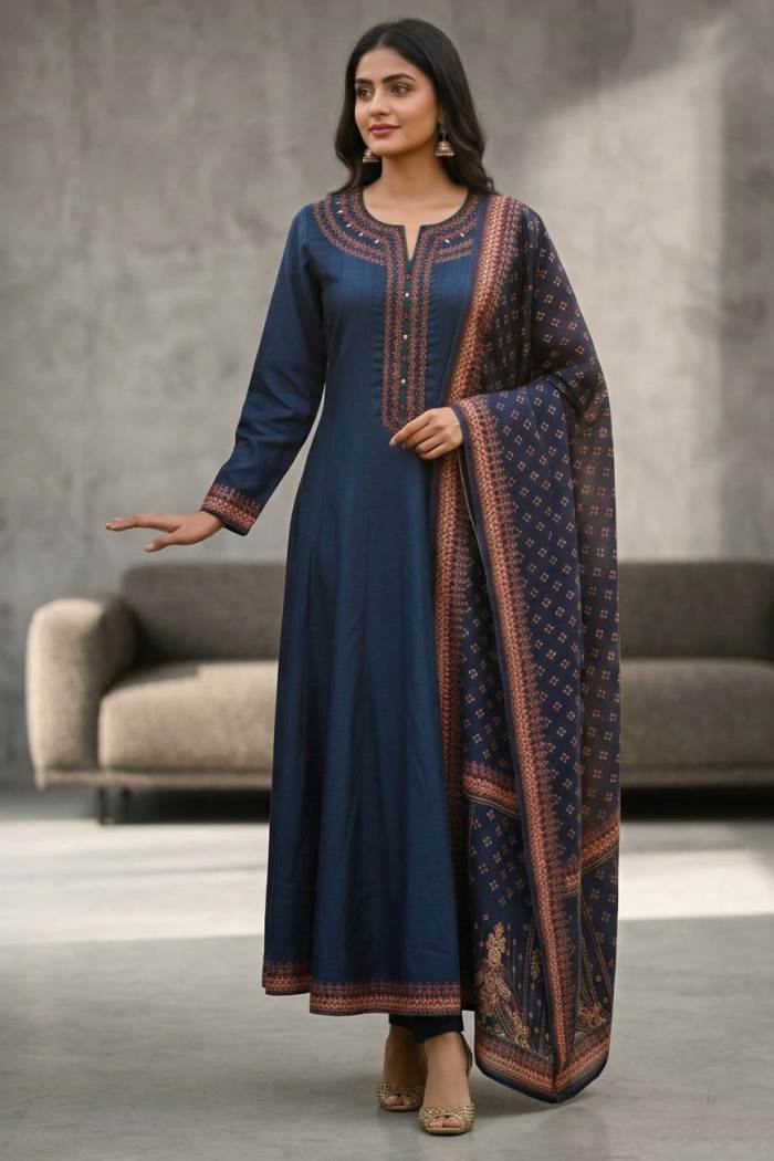 Blue Colour Anarkali Style Kurti Set With Designer Printed Dupatta