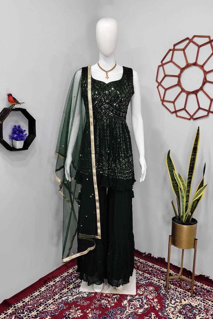 Green Color Party Wear Designer Indo-Western Plazo Suit