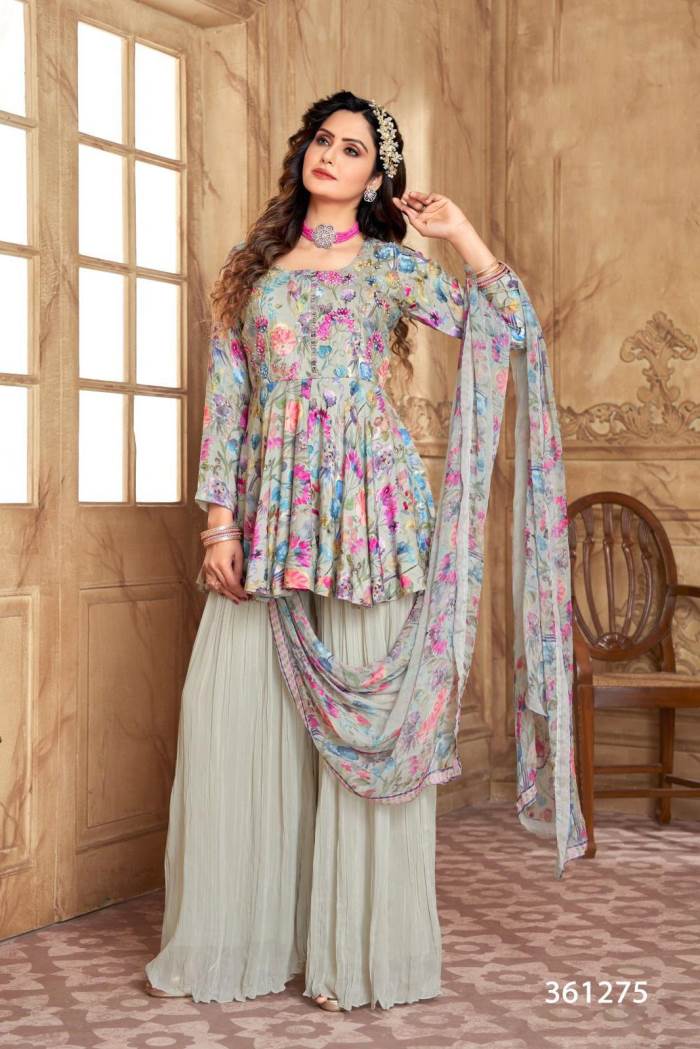 Grey Color Party Wear Designer Indo-Western Plazo Suit