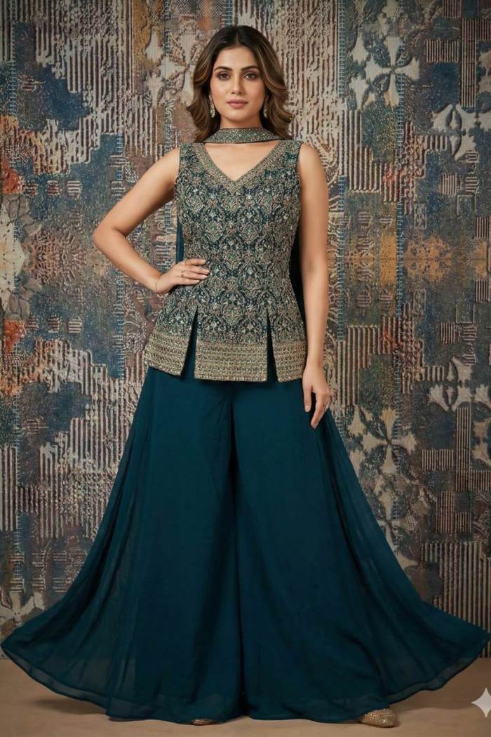 Peacock Color Party Wear Designer Indo-Western Plazo Suit