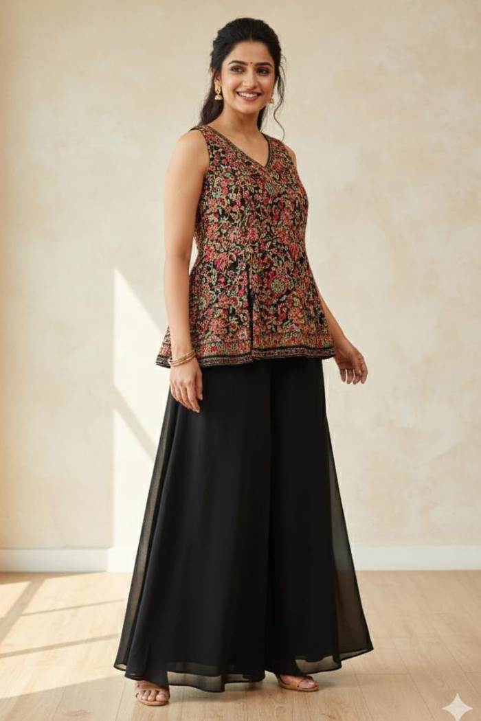 Black Color Party Wear Designer Indo-Western Plazo Suit