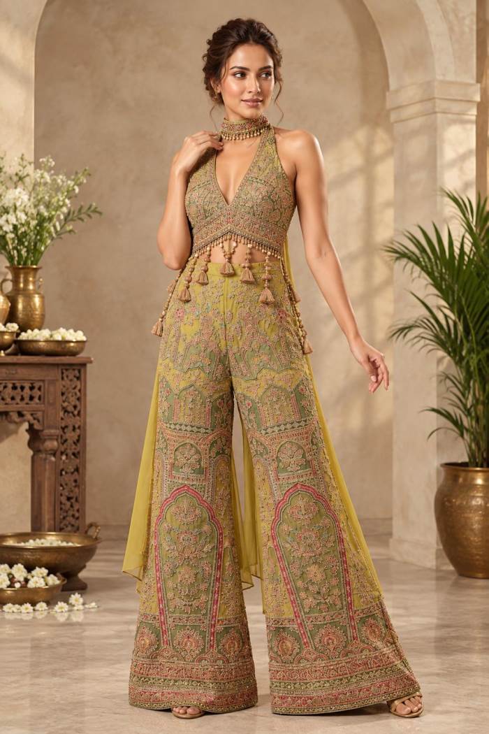 Mehandi Colour Party Wear Short Choli With Designer Plazo