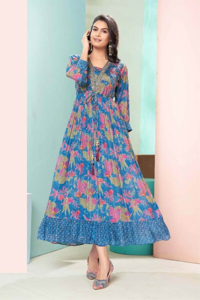 Kurtas & Kurtis : White and blue rayon printed gown kurti ...