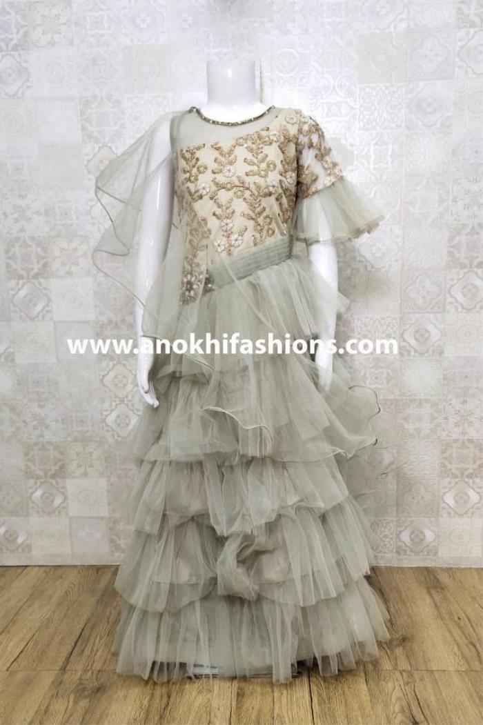 Grey Color Party Wear Gown With Dupatta