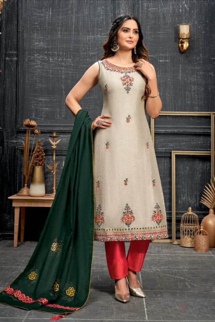 Cream Color Party Wear Straight Long Suit With Dupatta