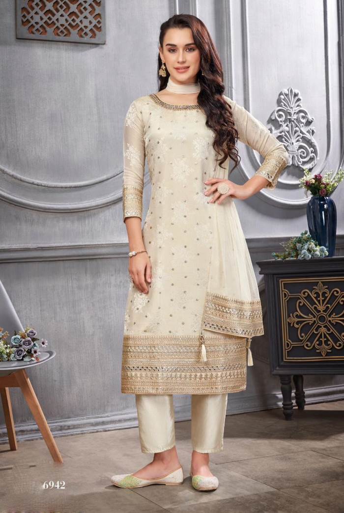 Cream Color Party Wear Designer Straight Long Suit
