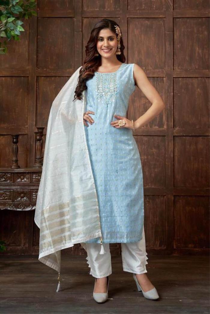 Sky Color Party Wear Designer Straight Long Suit