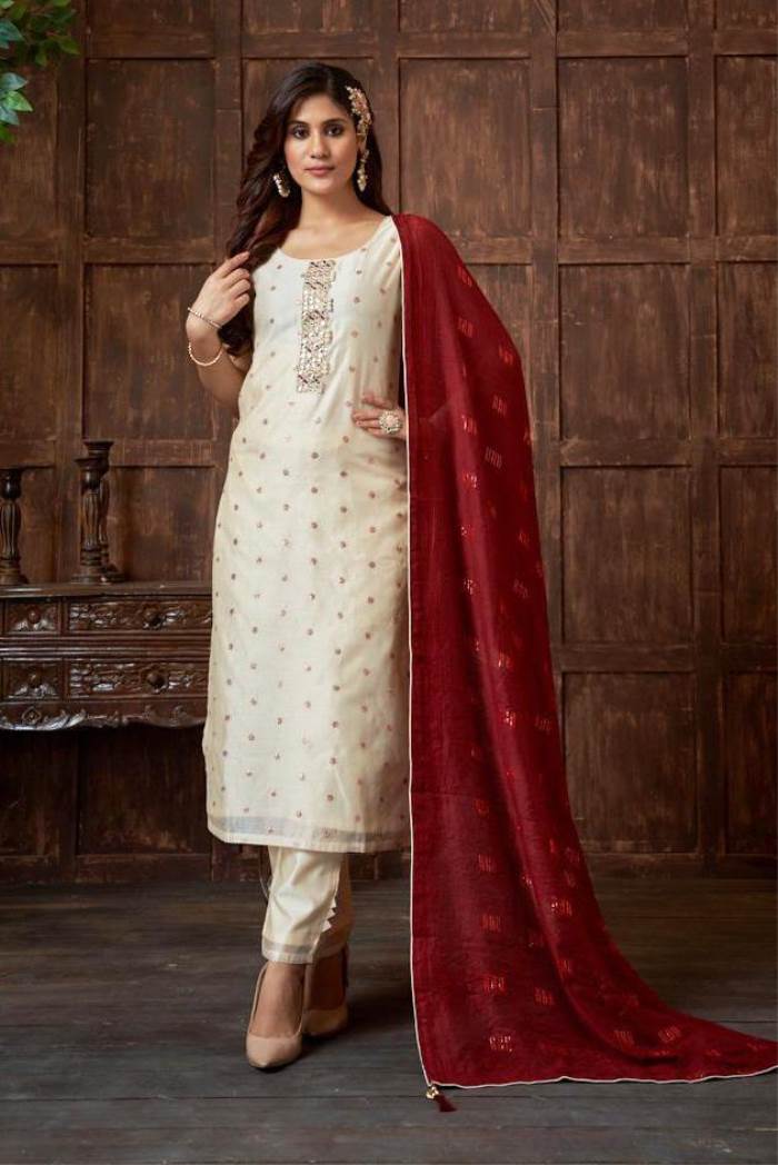 Cream Color Party Wear Designer Straight Long Suit