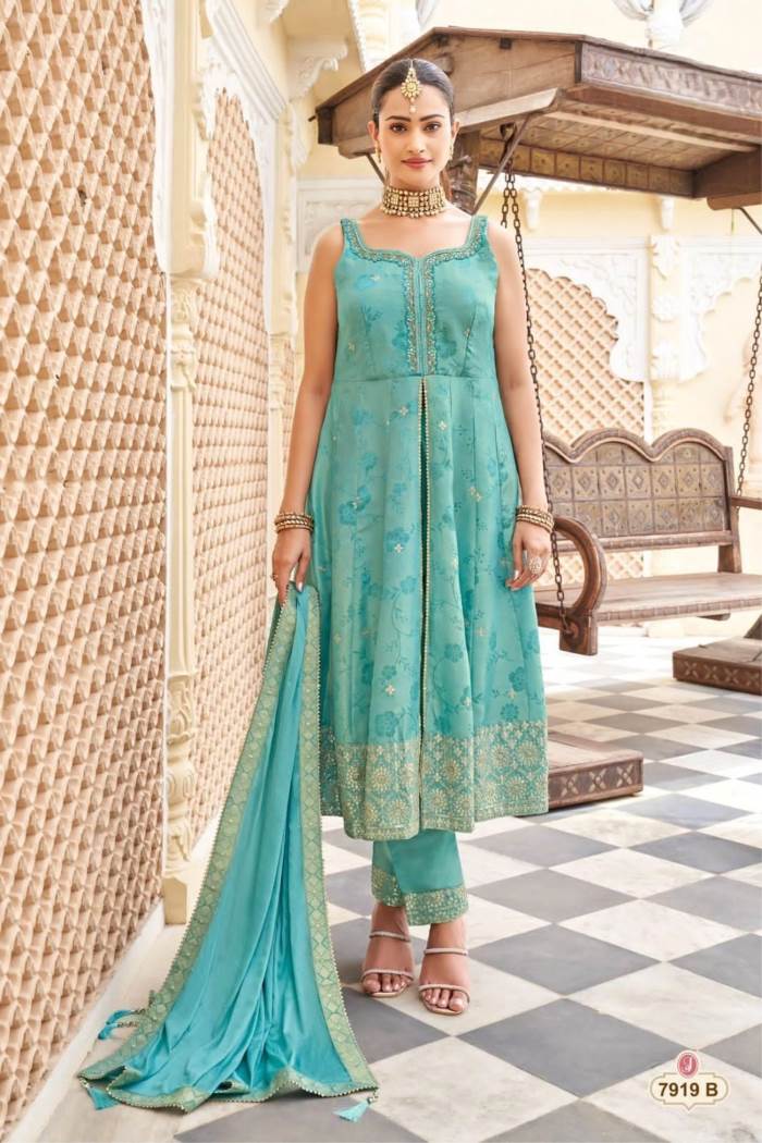 Sky Color Party Wear Designer Anarkali Style Salwar Suit