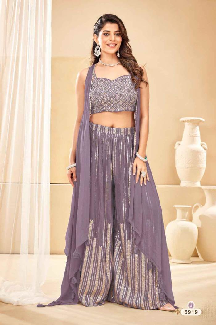 Purple Color Party Wear Designer Indo-Western Plaazo With Koti