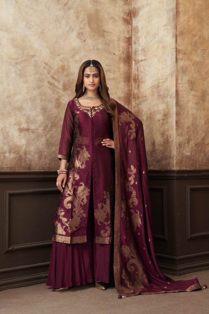 Wine Color Party Wear Designer Indo-Western Plazo Suit