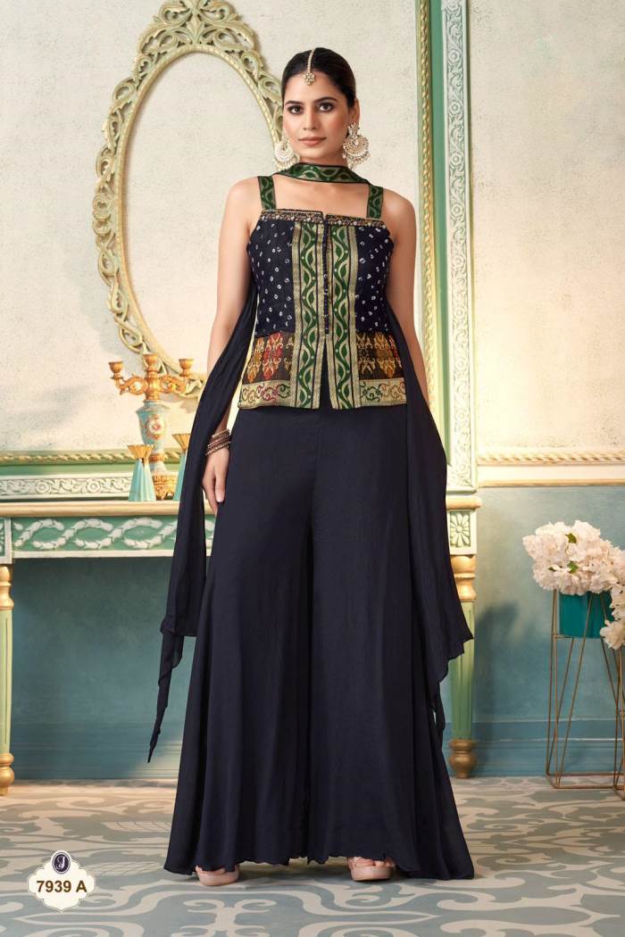 Navy Blue Color Party Wear Designer Speghetti Style Indo-Western Plazo Suit