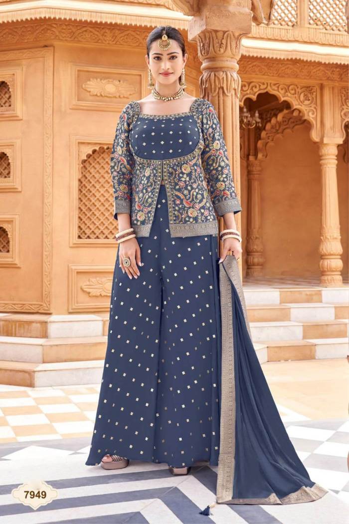 Blue Color Party Wear Designer Indo-Western Plazo Suit