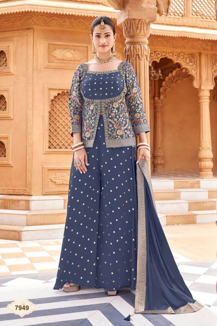 Blue Color Party Wear Designer Indo-Western Plazo Suit