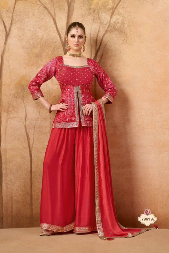 Red Color Party Wear Designer Indo-Western Plazo Suit