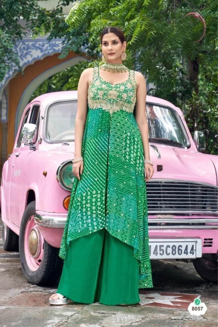 Green Color Party Wear Designer Indo-Western Plazo Suit