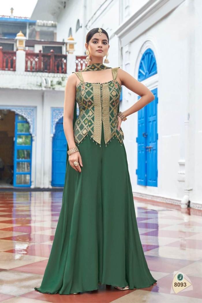 Green Color Party Wear Designer Indo-Western Plazo Suit