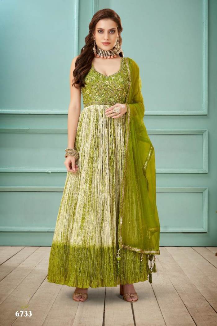 Mehndi Color Party Wear Designer Gown