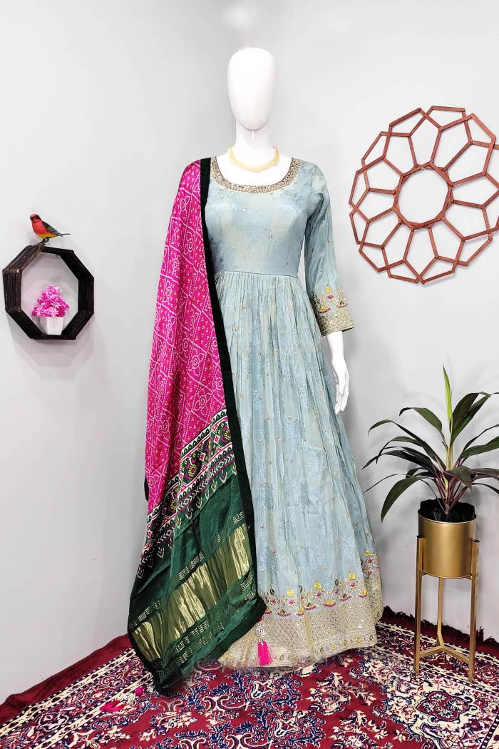 Sky Color Party Wear Designer Gown